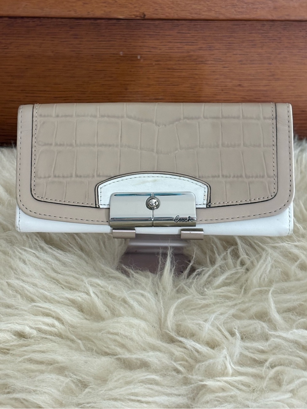 Coach Kristen Croc-Embossed Beige and White Spectator Leather Wallet